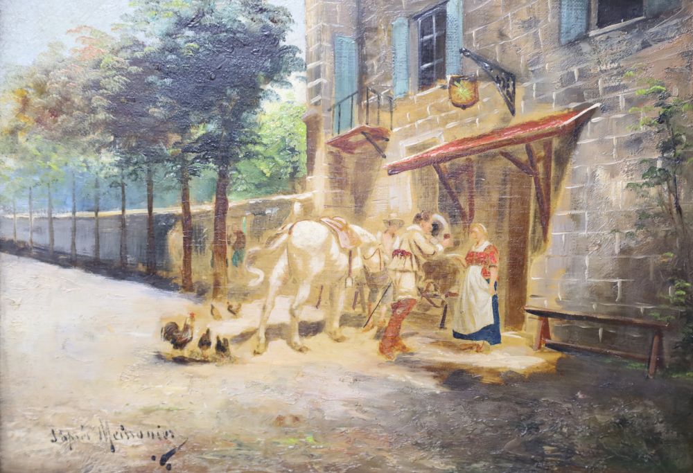 After Meissonier, oil on canvas, Figures outside an inn, 23 x 32cm